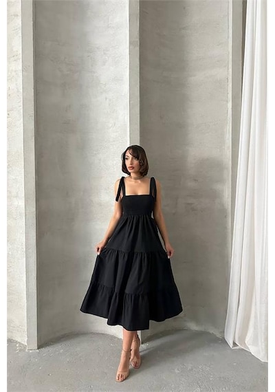 Neşeli Butik Kadın Askılı Poplin Kumaş Yazlık Elbise Nbg091 Siyah