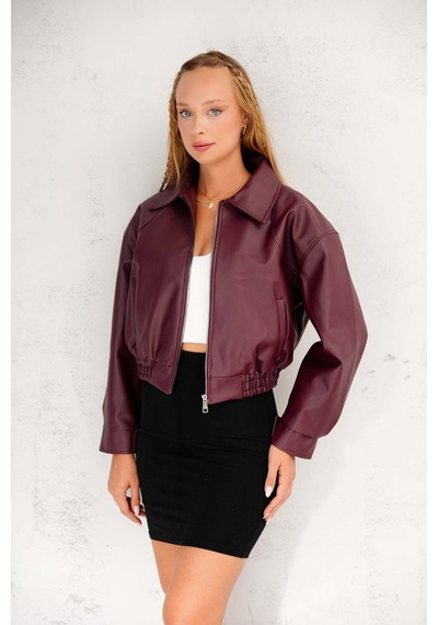 Meecy Kadın Yeni Sezon Bomber Deri Ceket Bordo Bordo