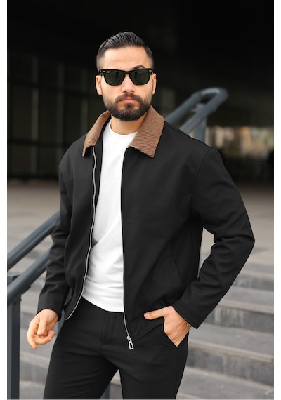 Kadife Yakalı Trucker Model Ceket Siyah