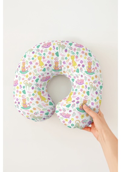 Renkli Kedi Çiçek Desenli Boyun Yastığı - Pastel Sarı Pembe Yeşil Çocuk & Yetişkin Seyahat Yastığı Çok Renkli