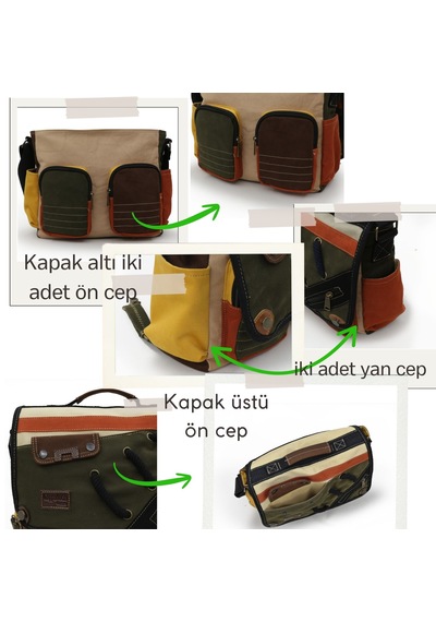 Cappadocia Vintage 4017 Haki Krem 14" Laptop Pamuk Gabardin Postacı Okul Çantası Unisex Kilitli Çok Cepli Omuz Askılı Haki - Turuncu