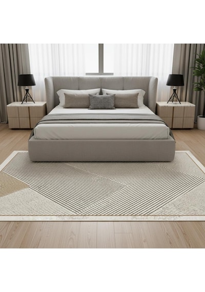 Dijital Baskılı Kahve Bej Modern Halı Kaymaz Tabanlı Geometrik Desenli Kolay Temizlenebilir Kaymaz