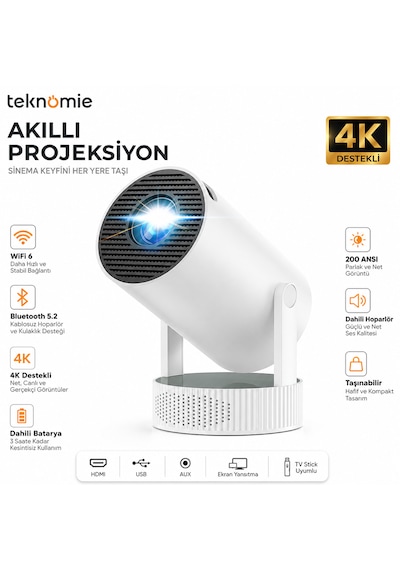 Teknomie 4k Destekli Mini Akıllı Projeksiyon Cihazı Dahili Bataryalı Wifi 6 Bluetooth 5.2 Taşınabilir Projektör