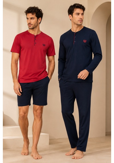 Loule Erkek Lacivert Penye Yazlık Kışlık Pijama Takımı 4 Parça