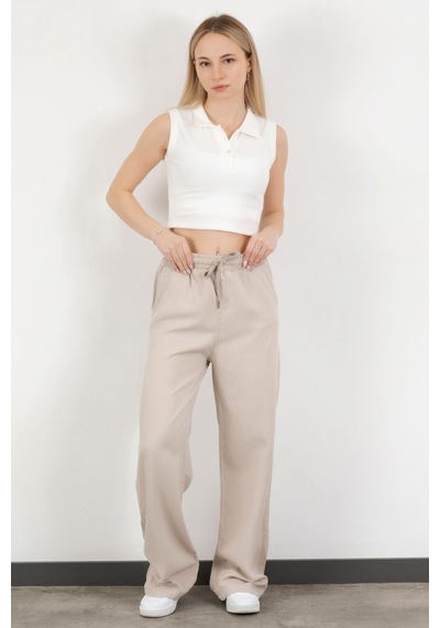 Giysa Kadın Beli Lastikli Bağcıklı Bol Paça Pantolon Taş - 4707 Taş