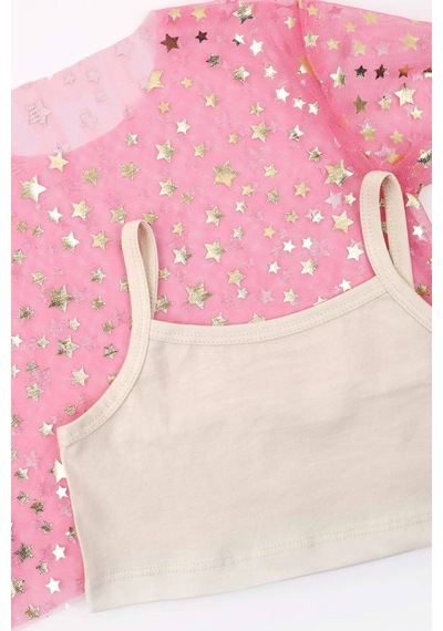 Le Mabelle Pembe Yıldız Baskılı Kısa Kollu Kız Çocuk Tül Crop Pembe