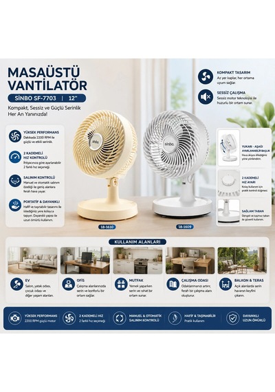 Kompakt Sessiz Masaüstü Vantilatör 12 İnç Bej Renk