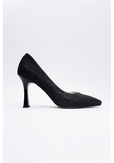 Luvishoes 653 Siyah Simli Topuklu Kadın Ayakkabı Siyah