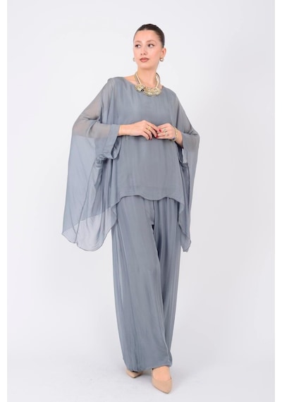 Bohem Stil İtalyan Yarasa Kol İpek Bluz & Pantolon Takım-8767 Koyu Gri Bohem Stil İtalyan Yarasa Kol İpek Bluz & Pantolon Takım-8767 Koyu Gri