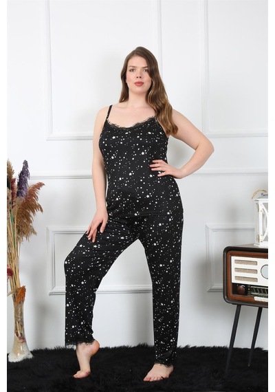 Akbeniz Kadın Büyük Beden Siyah İp Askılı Pijama Takım 202198 Çok Renkli