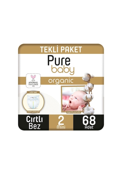 Pure Baby Organik Pamuklu Cırtlı Bez Tekli Paket 2 Numara Mini 68 Adet