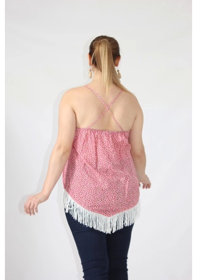 Moda Berray 3280 Etnik Desenli Eteği Saçaklı İnce Askılı Yazlık Bluz Pembe