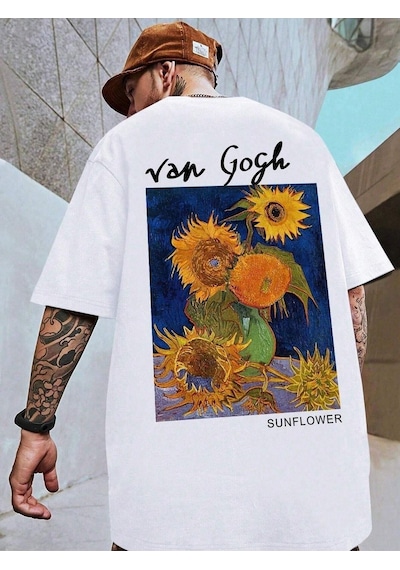 Unisex Beyaz Oversize Van Gogh Baskılı Örme T-shirt Beyaz