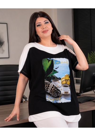 Büyük Beden Baskılı Kısa Kollu Rahat Kesim Kadın Bluz Siyah