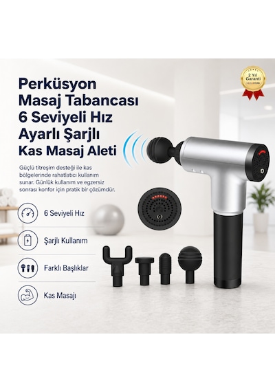 Perküsyon Masaj Tabancası 6 Seviyeli Şarjlı Kas Masaj Aleti Çok Kademeli Hız Ayarlı-1733 Gri
