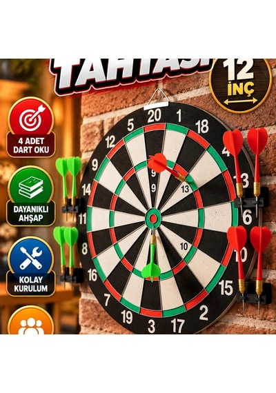 12 İnç Ahşap Dart Tahtası 4 Metal Uçlu Dart Oku İle Kolay Kurulum