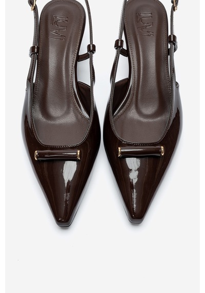 Luvishoes Rhea Kahverengi Rugan Tokalı Mini Dolgu Kadın Topuklu Ayakkabı