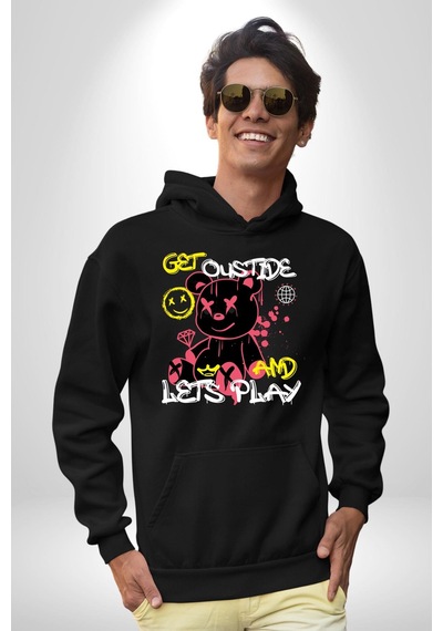 Dışarı Çık Ve Oynayalım Teddy Kadın Erkek Siyah Kapüşonlu Sweatshirt Hoodie Siyah