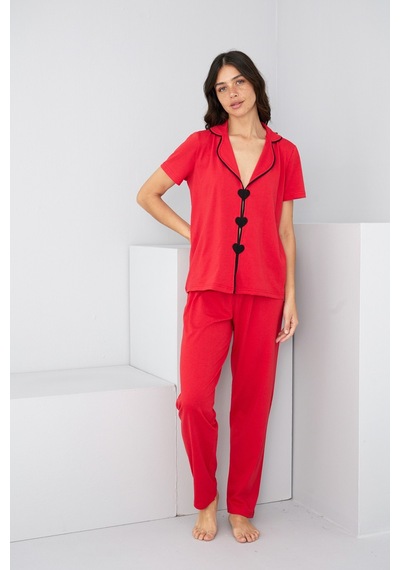 Siyah İnci Biye Detaylı Örme Pijama Takım7891 Kırmızı