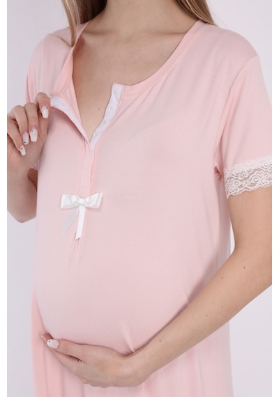 Luvmabelly Myra9592 Önden Çıt Çıtlı Dantelli Hamile Geceliği -pembe-pembe