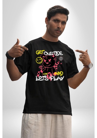Dışarı Çık Ve Oynayalım Teddy Pamuklu Bisiklet Yaka Unisex Oversize Boyfriend Dijital Baskılı Siyah T-shirt Siyah