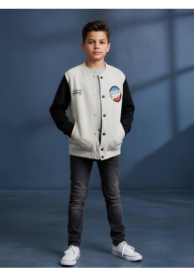Zekids Erkek Çocuk Enjoy Play Yazılı Şardonlu Kolej Hırkası-16652 Taş