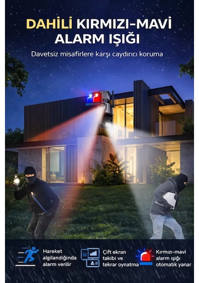 Sw-318 Dual Lens 6mp Wifi Güvenlik Kamerası Gece Görüşlü Hareketli Sesli Çakarlı Alarm Akıllı Kamera