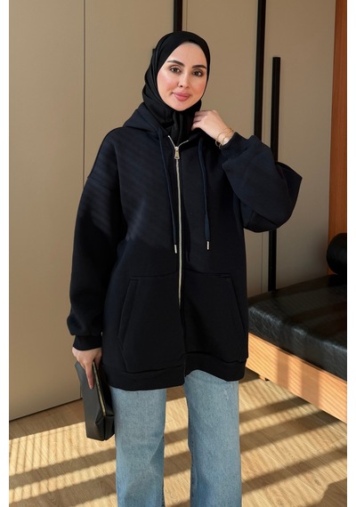 Balenbi Kadın 3 İplik İçi Polarlı Kapüşonlu Tesettür Basic Sweat Hırka 395 Siyah