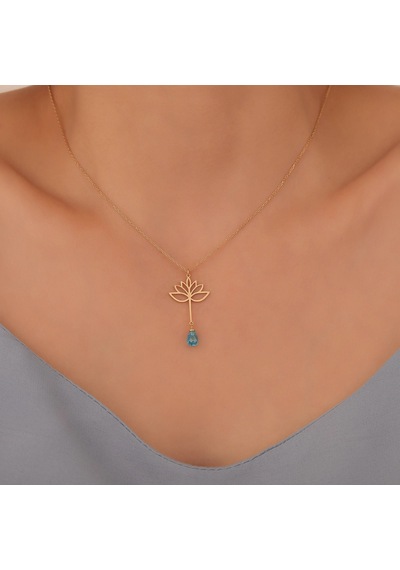 925 Ayar Altın Mikron Kaplama Drop Taşlı Lotus Çiçeği Gümüş Kolye - Cns00592 Altın
