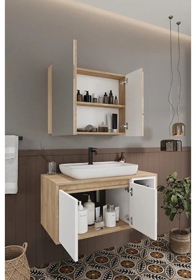 Lale Beyaz 90 Cm %100 Mdf Lavabolu Banyo Dolabı + Aynalı Dolap Beyaz Meşe Lale Beyaz 90 Cm %100 Mdf Lavabolu Banyo Dolabı + Aynalı Dolap Beyaz Meşe