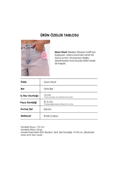 it's basic Kadın Kot Pembe 4s6-9 Mom Relax Gül Ve Nakış Detaylı Özel Tasarım Denim Şort