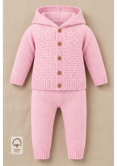 Minory Baby Kapüşonlu Düğmeli 2 Li Triko Bebek Takımı Pembe Pembe