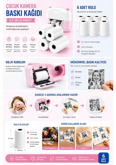 Çocuk Fotoğraf Makinesi Yedek Termal Baskı Kağıdı 6'lı Rulo 57x25mm