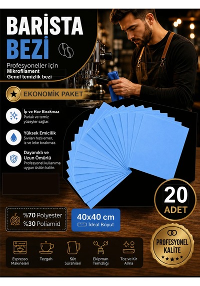 Profesyonel Mikrofilament Mavi Barista Genel Temizlik Bezi 40 40cm 20'li Paket