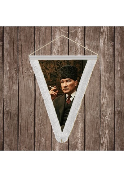 Kalpaklı Mustafa Kemal Atatürk Portresi Beyaz Saçaklı Üçgen Flama Bayrak Hatıra Flama Ata70 Diğer