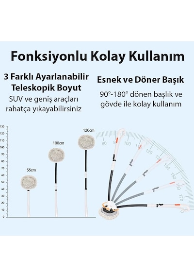 Ls-443 Teleskopik Mikrofiber Araba Yıkama Fırçası Uzun Saplı Fırçası Oto Mopu, Beyaz