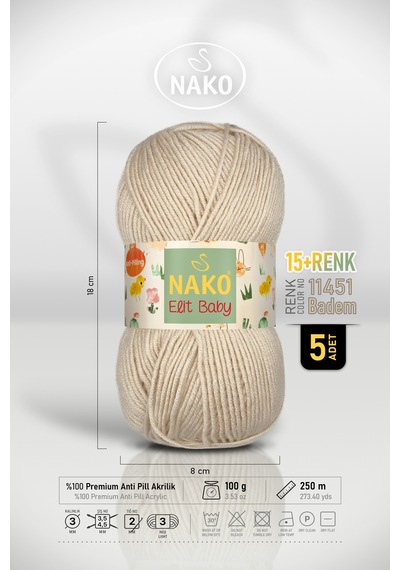 Elit Baby - 11451 Badem - 5'li Paket - 100gr/250m - Bebek İpi - Anti Pilling Tüylenmez İp