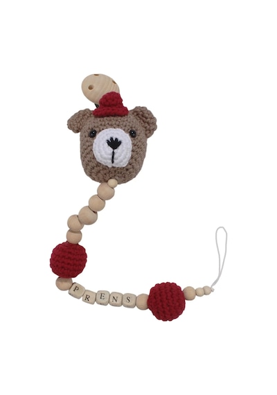 Bebegen Erkek Bebek Amigurumi Kahve Bordo Ayıcıklı Organik Ahşap Boncuklu İsimli İsme Özel Emzik Askısı Çok Renkli