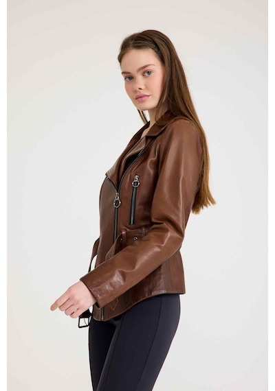 Regular Biker Bayan Deri Ceket Vb-7 Bk-1653 - 20303 Kahverengi