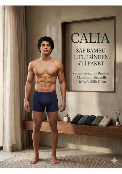 Qulat Calia 5'li Paket Erkek Bambu Boxer - Esnek Ve Nefes Alabilir Rahat Kalıp Karma Renk Seti Lacivert