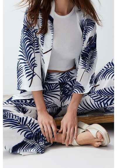 Ersefa Moda Dokuma Baskılı Degaje Yaka Casual Günlük Siyah Desenli Kimon Indigo