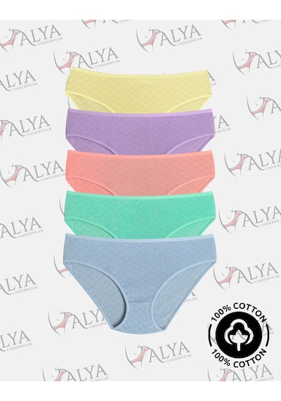 Alya Underwear %100 Pamuklu Kadın Külot Normal Bel Yükseklikli Jakarlı Kalp Desenli Kumaş Slip Çok Renkli P15