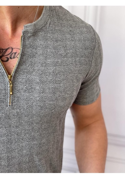Modefendi Slim Fit Sıfır Yaka Fermuar Detaylı Triko Tshırt Gri