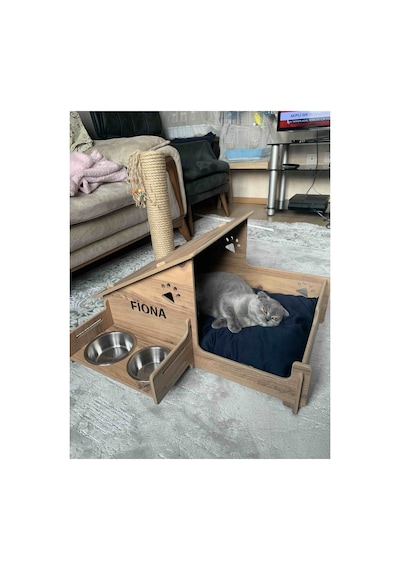 Ahşap Kedi Evi - Mama Kabı - Özel Isim Baskılı - Tırmalama Çubuklu -meşe Mdf - Çelik Kase - 2 400ml