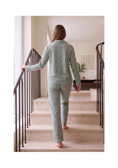 Nisanca Kışlık Düğmeli Ekose Desen Yılbaşı Temalı Kadın Süet Pijama Takımı Haki