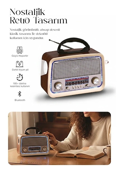 Bluetooth Nostaljik Speaker Fm/am/sw Radyo Şarj Edilebilir Aydınlatmalı Retro Hoparlör