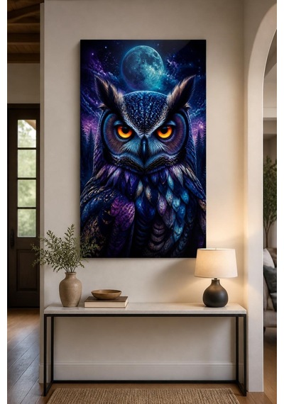 Baykuş Desenli Baskılı Cam Tablo Gizemli Gece Uv Baskı Duvar Dekoru