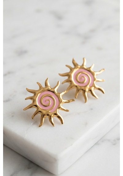 Gold Pembe Mineli Güneş Premium Çelik Küpe Çok Renkli