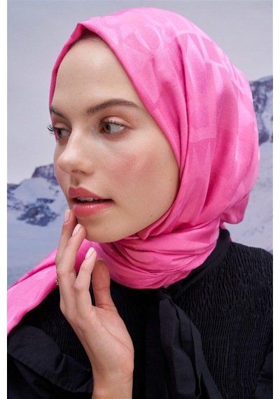 Carell Yazı Desen Jakar İtalyan İpekli Şal Koyu Pembe Çok Renkli