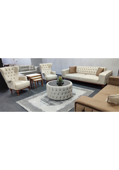 Lidya Model Koltuk Takımı Açık Krem - Kahverengi